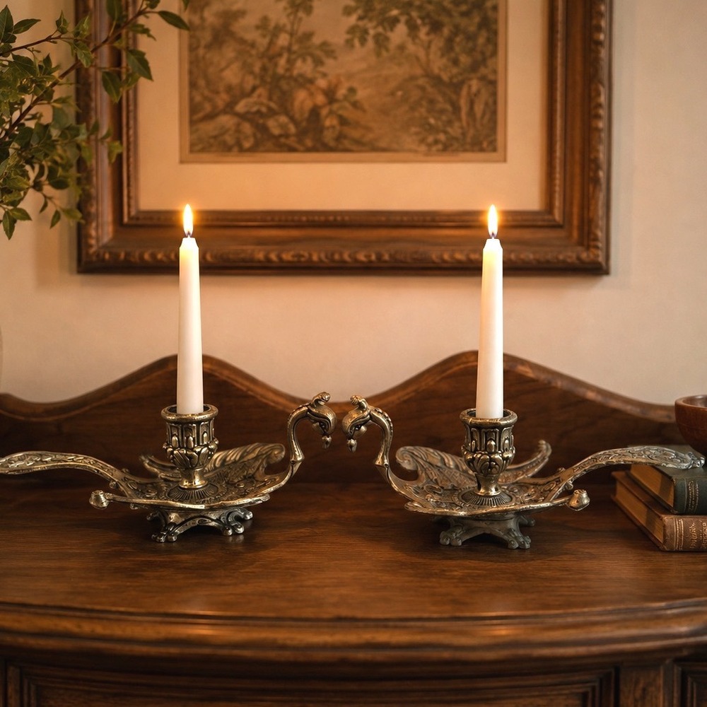Vintage Action Italy Silver Tone Swan Taper Candle Holders Ornate Set of 2